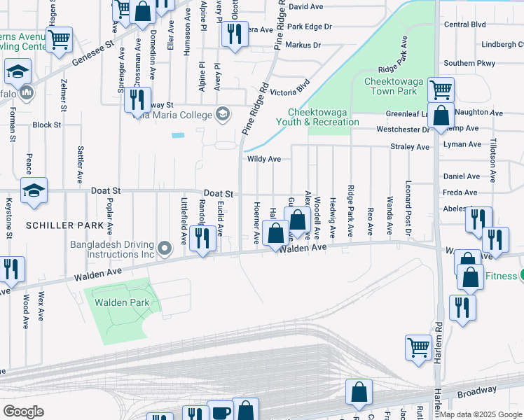 map of restaurants, bars, coffee shops, grocery stores, and more near 61 Hoerner Avenue in Buffalo