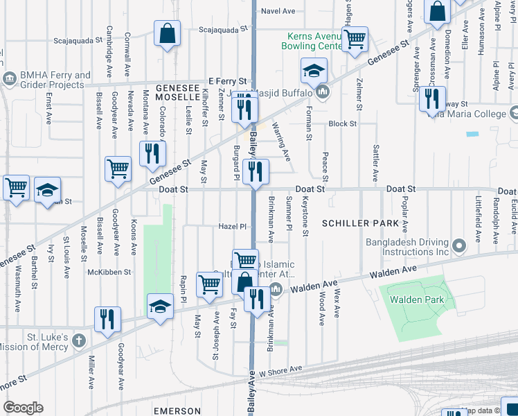 map of restaurants, bars, coffee shops, grocery stores, and more near 270 Brinkman Avenue in Buffalo