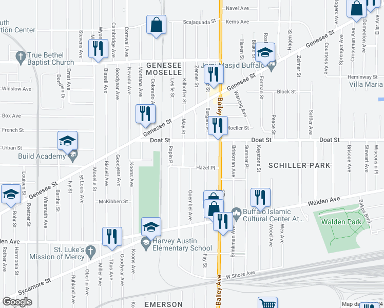 map of restaurants, bars, coffee shops, grocery stores, and more near 162 Goembel Avenue in Buffalo