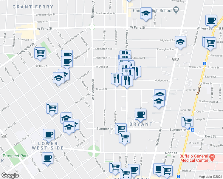 map of restaurants, bars, coffee shops, grocery stores, and more near 323 Bryant Street in Buffalo