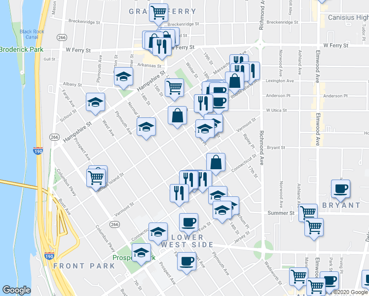 map of restaurants, bars, coffee shops, grocery stores, and more near 172 15th Street in Buffalo