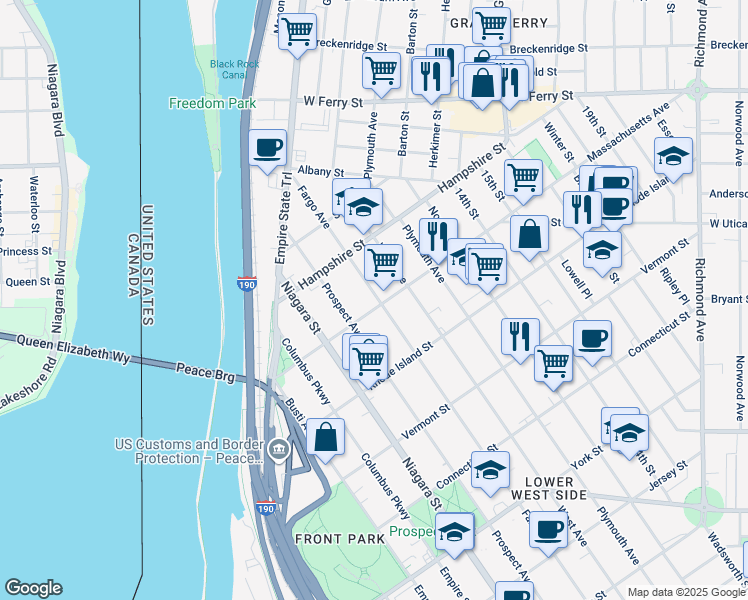map of restaurants, bars, coffee shops, grocery stores, and more near 475 Fargo Avenue in Buffalo