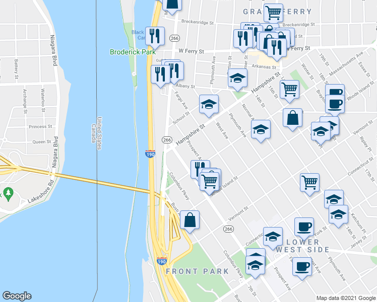 map of restaurants, bars, coffee shops, grocery stores, and more near 860 Prospect Avenue in Buffalo