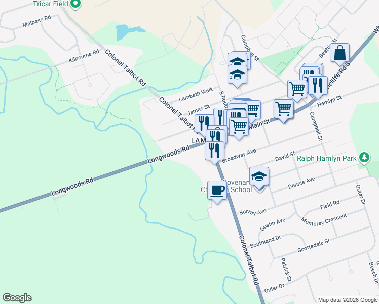map of restaurants, bars, coffee shops, grocery stores, and more near 7061 Longwoods Road in London
