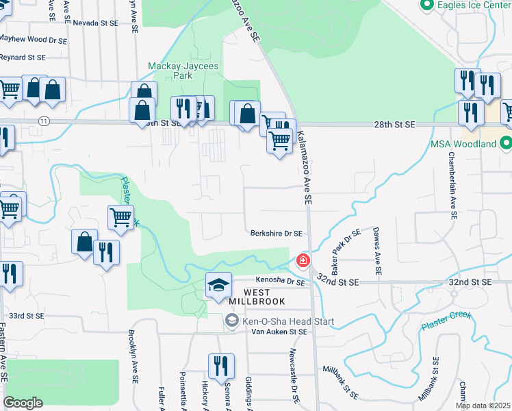 map of restaurants, bars, coffee shops, grocery stores, and more near 1455 Forrester Street Southeast in Grand Rapids