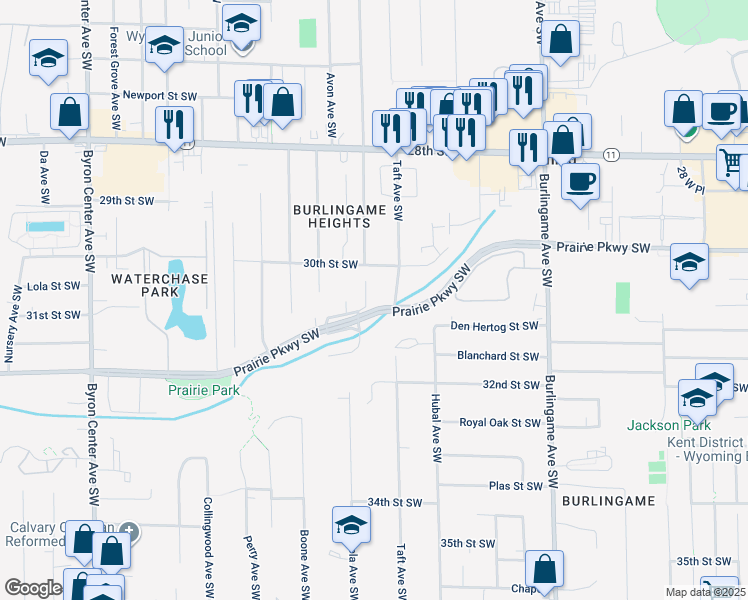 map of restaurants, bars, coffee shops, grocery stores, and more near 1925 Prairie Parkway Southwest in Wyoming
