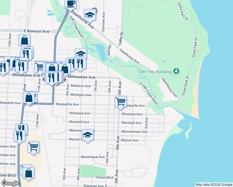 map of restaurants, bars, coffee shops, grocery stores, and more near 500 Michigan Avenue in South Milwaukee
