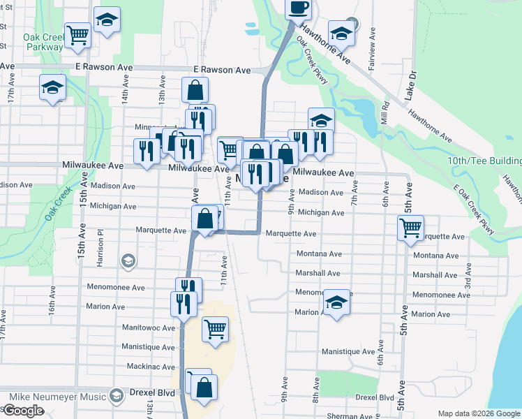 map of restaurants, bars, coffee shops, grocery stores, and more near 2210 10th Avenue in South Milwaukee