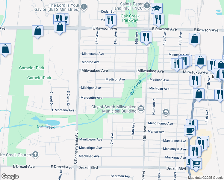 map of restaurants, bars, coffee shops, grocery stores, and more near 1643 Michigan Avenue in South Milwaukee
