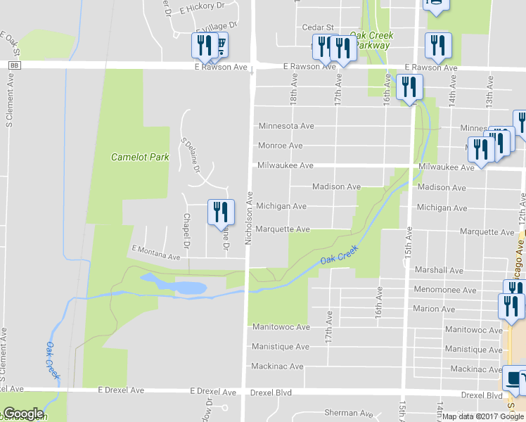 map of restaurants, bars, coffee shops, grocery stores, and more near 1823 Michigan Avenue in South Milwaukee