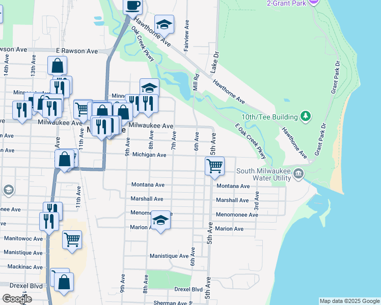 map of restaurants, bars, coffee shops, grocery stores, and more near 606 Michigan Avenue in South Milwaukee