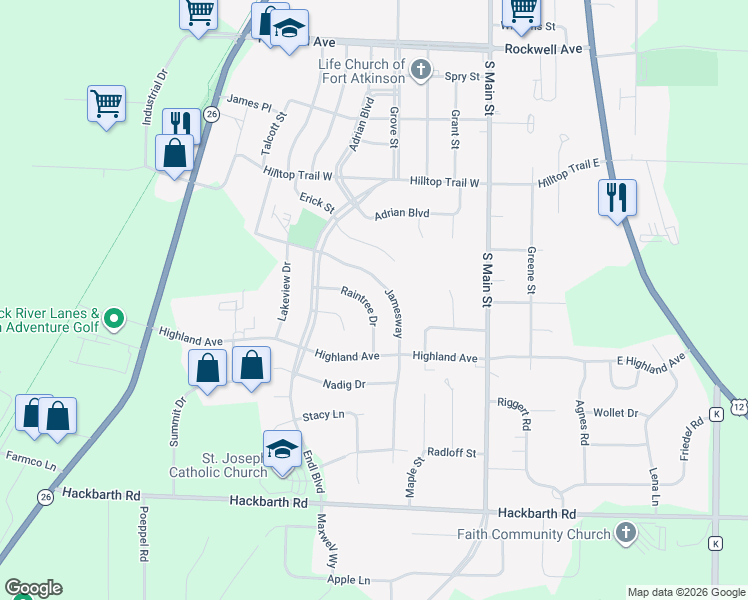 map of restaurants, bars, coffee shops, grocery stores, and more near 430 Raintree Drive in Fort Atkinson
