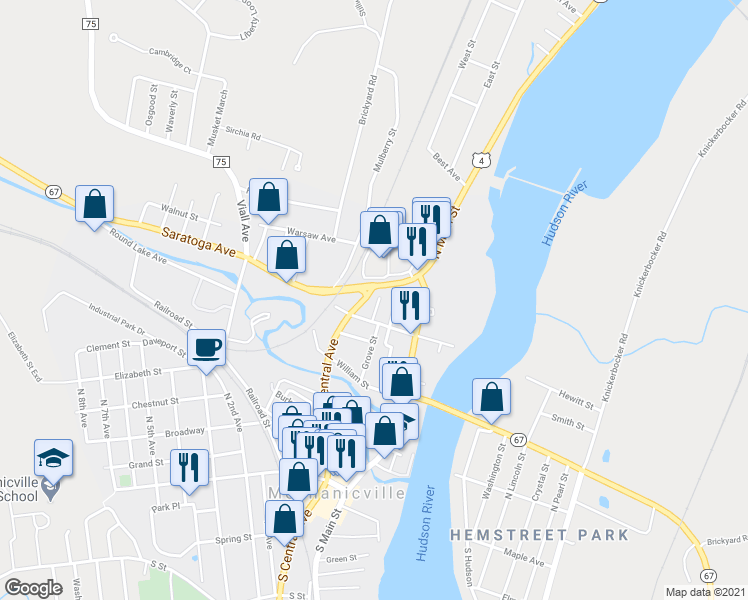 map of restaurants, bars, coffee shops, grocery stores, and more near 19-21 Penrose Avenue in Mechanicville