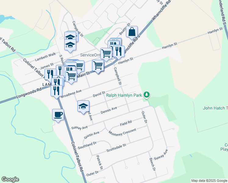 map of restaurants, bars, coffee shops, grocery stores, and more near 67 David Street in London