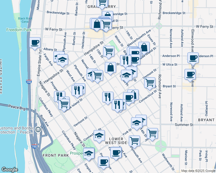 map of restaurants, bars, coffee shops, grocery stores, and more near 322 14th Street in Buffalo