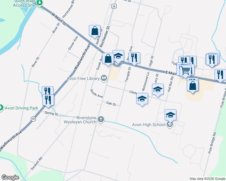 map of restaurants, bars, coffee shops, grocery stores, and more near 15 Clinton Street in Avon