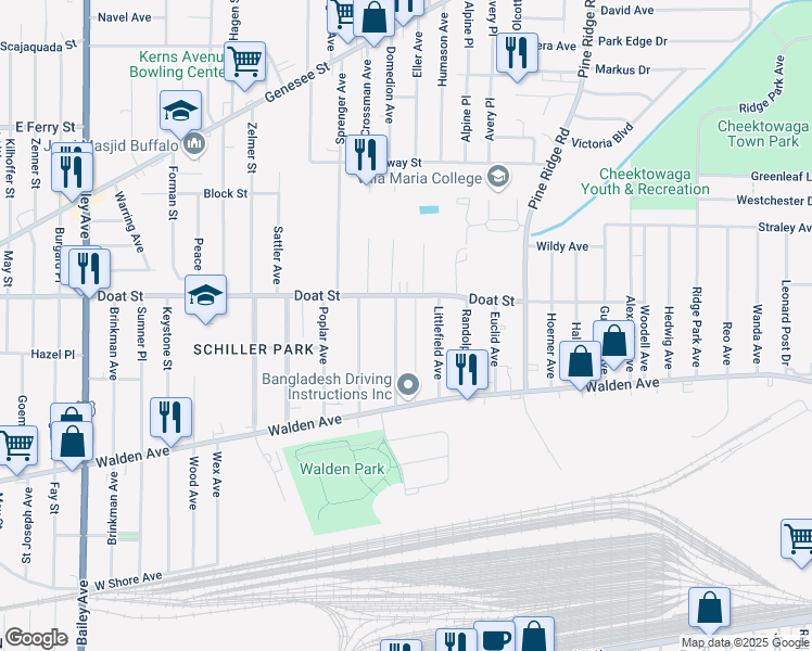 map of restaurants, bars, coffee shops, grocery stores, and more near 85 Stewart Avenue in Buffalo