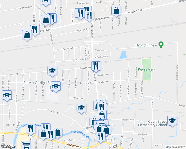 map of restaurants, bars, coffee shops, grocery stores, and more near 204 Central Ave in Lancaster