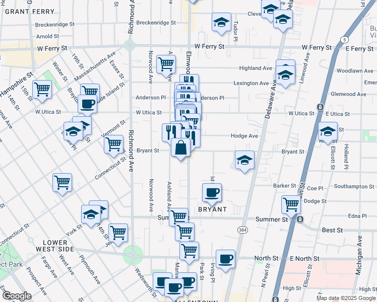 map of restaurants, bars, coffee shops, grocery stores, and more near Elmwood Ave & Bryant St in Buffalo