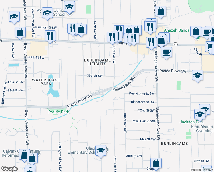 map of restaurants, bars, coffee shops, grocery stores, and more near 1905 Prairie Parkway Southwest in Wyoming