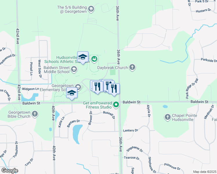 map of restaurants, bars, coffee shops, grocery stores, and more near 7695 36th Avenue in Hudsonville