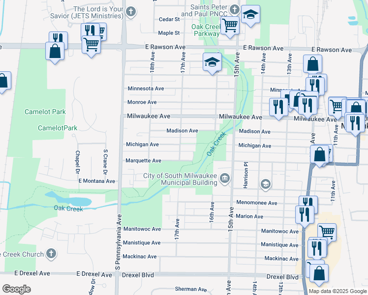 map of restaurants, bars, coffee shops, grocery stores, and more near 1643 Michigan Avenue in South Milwaukee