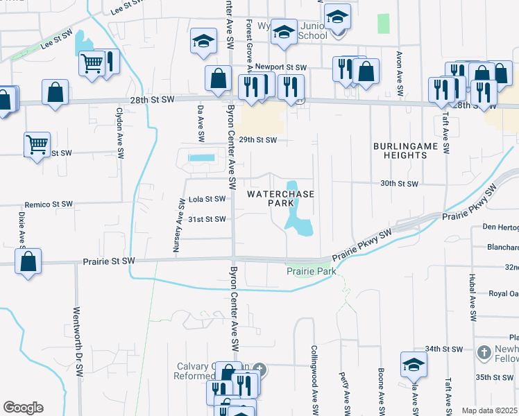 map of restaurants, bars, coffee shops, grocery stores, and more near 3040 Byron Center Avenue Southwest in Wyoming