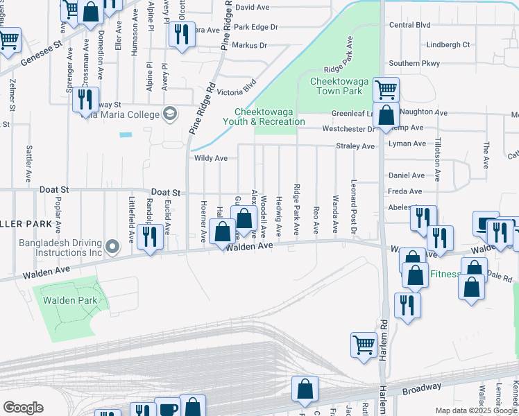 map of restaurants, bars, coffee shops, grocery stores, and more near 56 Woodell Avenue in Buffalo