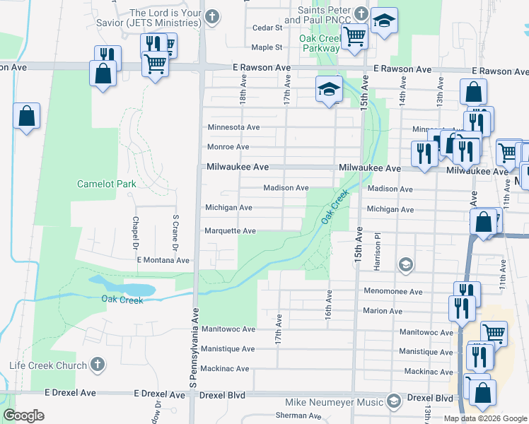map of restaurants, bars, coffee shops, grocery stores, and more near 1717 Michigan Avenue in South Milwaukee