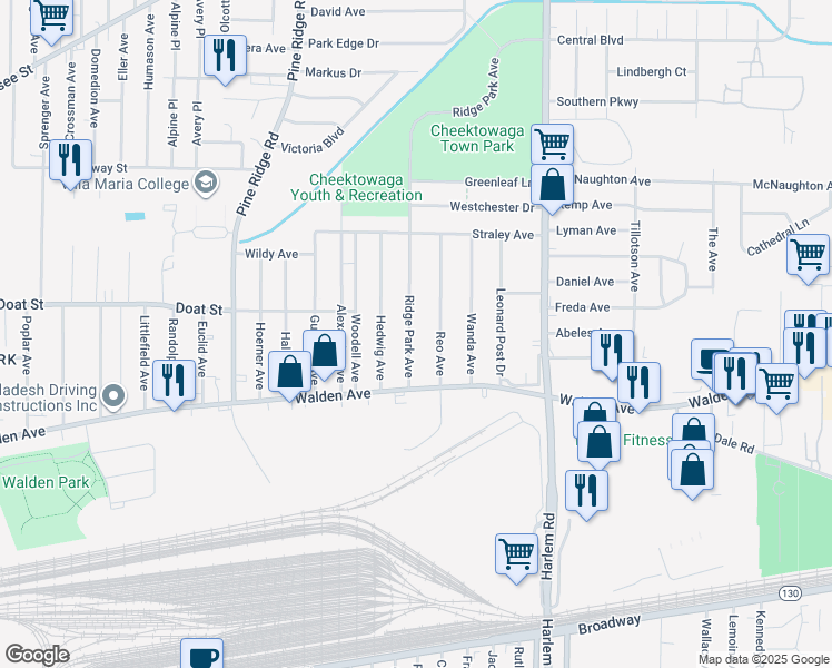 map of restaurants, bars, coffee shops, grocery stores, and more near 53 Ridge Park Avenue in Buffalo