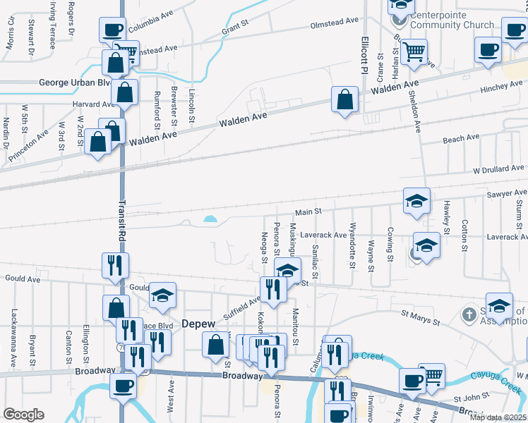 map of restaurants, bars, coffee shops, grocery stores, and more near 12 Main Street in Depew