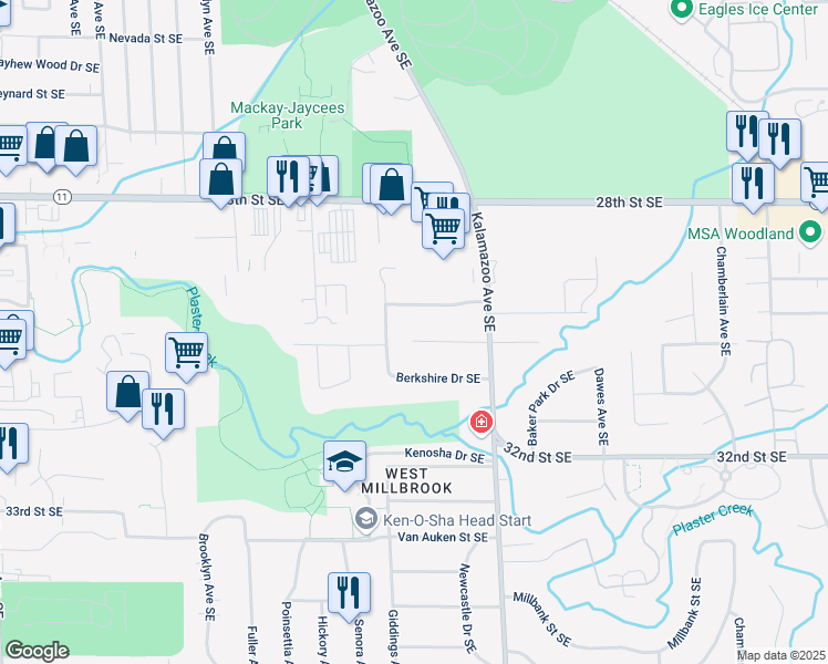 map of restaurants, bars, coffee shops, grocery stores, and more near 1455 Forrester Street Southeast in Grand Rapids
