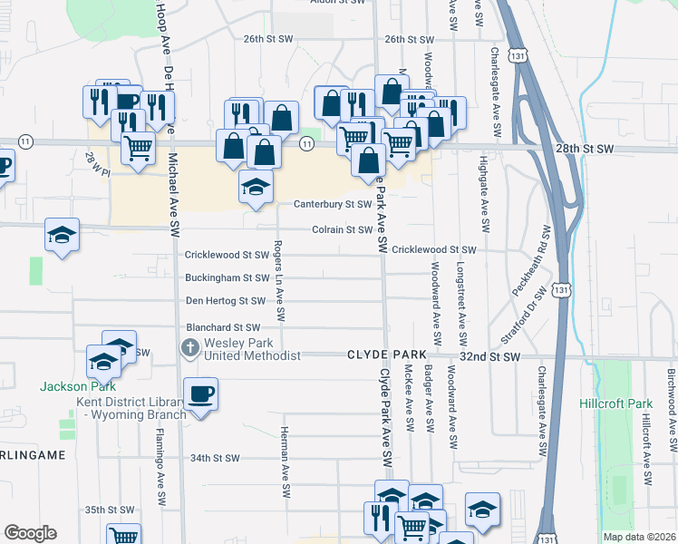 map of restaurants, bars, coffee shops, grocery stores, and more near 857 Buckingham Street Southwest in Wyoming