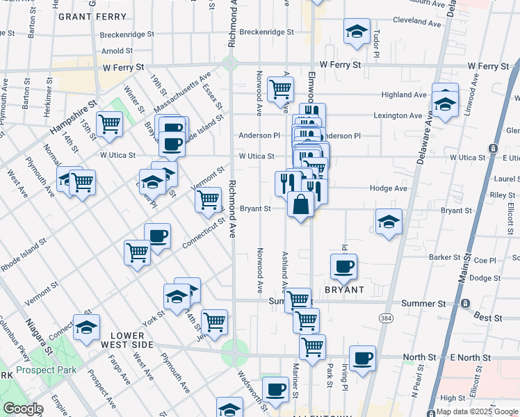 map of restaurants, bars, coffee shops, grocery stores, and more near Norwood Avenue & Bryant Street in Buffalo