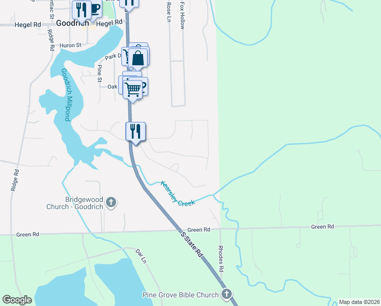 map of restaurants, bars, coffee shops, grocery stores, and more near 10475 Valley Creek Drive in Goodrich