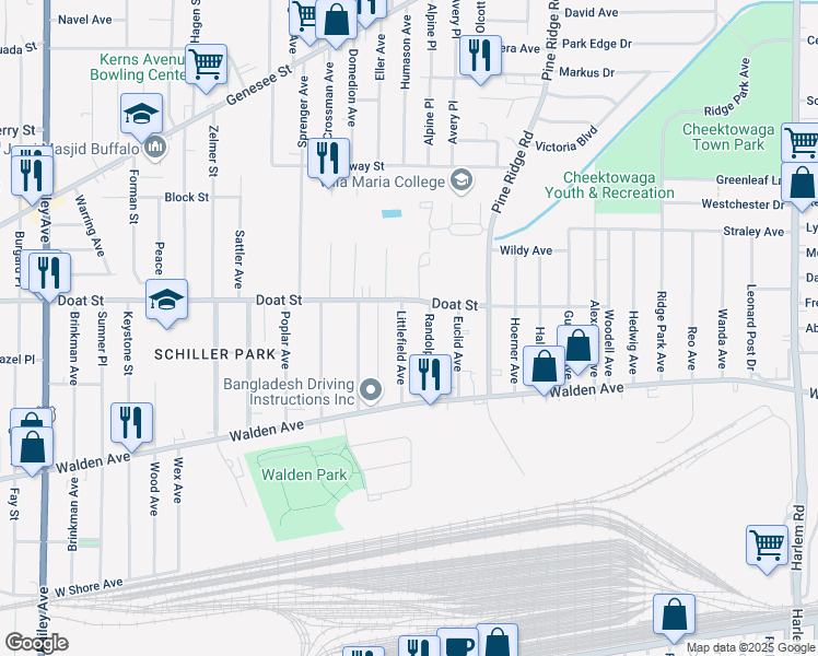 map of restaurants, bars, coffee shops, grocery stores, and more near 77 Littlefield Avenue in Buffalo