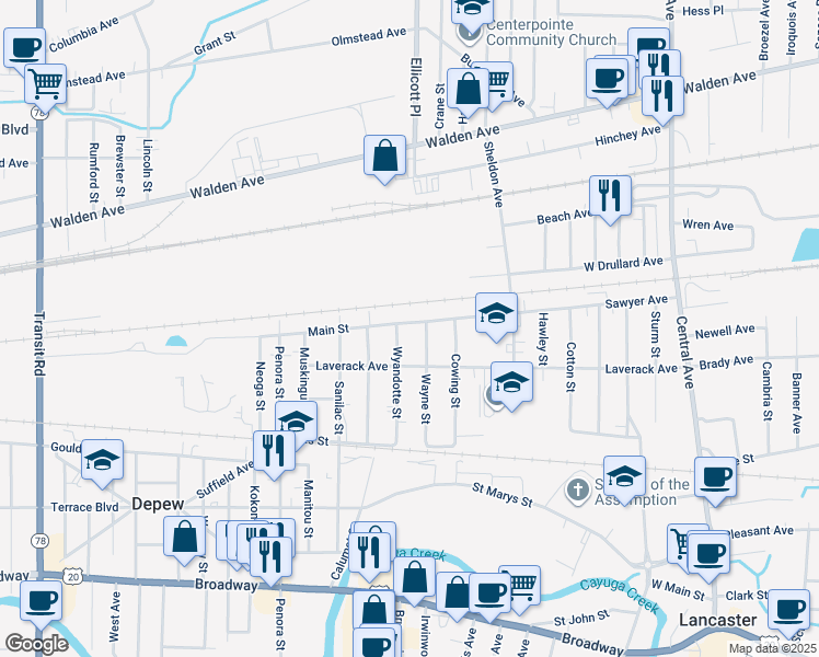 map of restaurants, bars, coffee shops, grocery stores, and more near 167 Sawyer Avenue in Depew