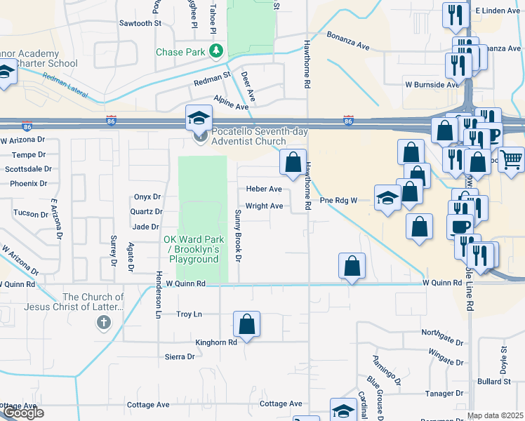 map of restaurants, bars, coffee shops, grocery stores, and more near 1273 Wright Avenue in Pocatello