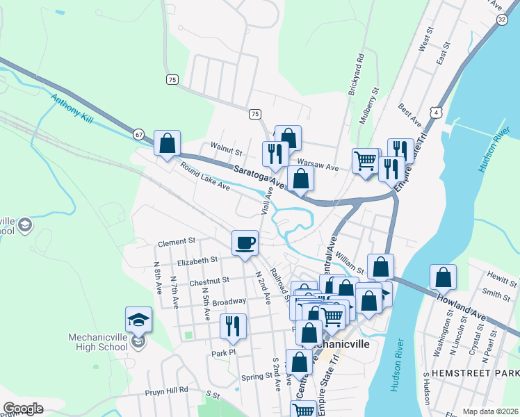 map of restaurants, bars, coffee shops, grocery stores, and more near 45 Viall Avenue in Mechanicville