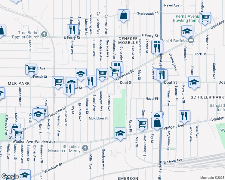 map of restaurants, bars, coffee shops, grocery stores, and more near 14 Rustic Pl in Buffalo