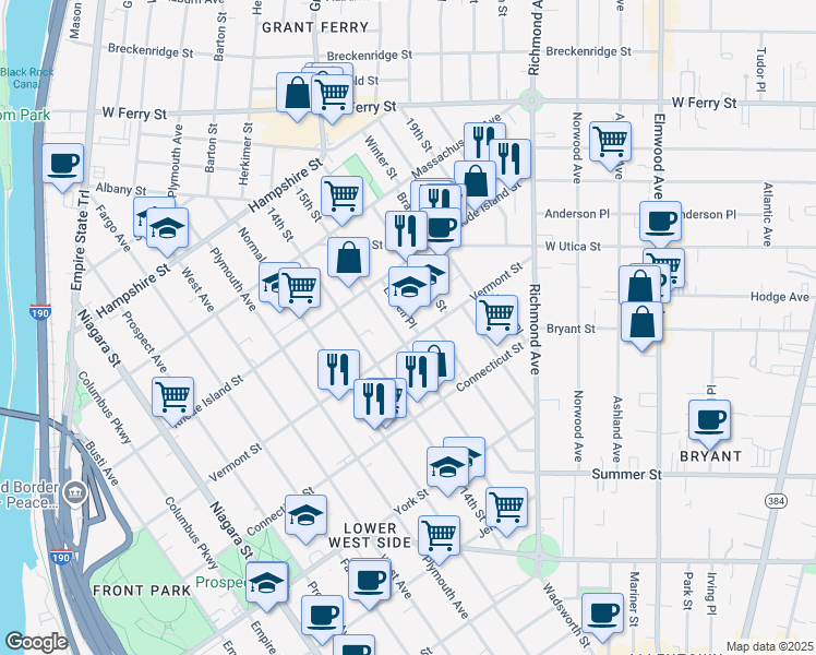 map of restaurants, bars, coffee shops, grocery stores, and more near 12 Lowell Place in Buffalo