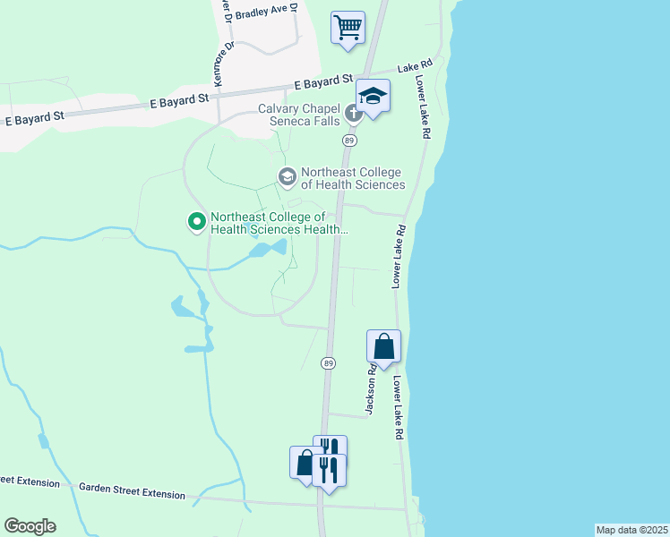 map of restaurants, bars, coffee shops, grocery stores, and more near 2399 New York 89 in Seneca Falls