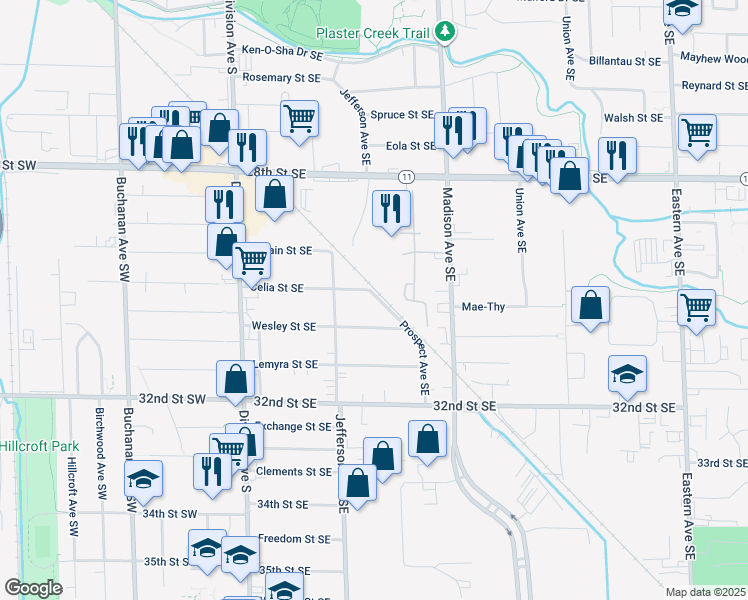 map of restaurants, bars, coffee shops, grocery stores, and more near 230 Celia Street Southeast in Grand Rapids