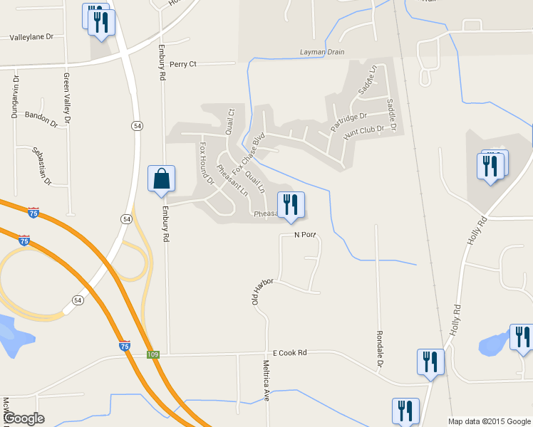 map of restaurants, bars, coffee shops, grocery stores, and more near 169 Pheasant Court in Grand Blanc