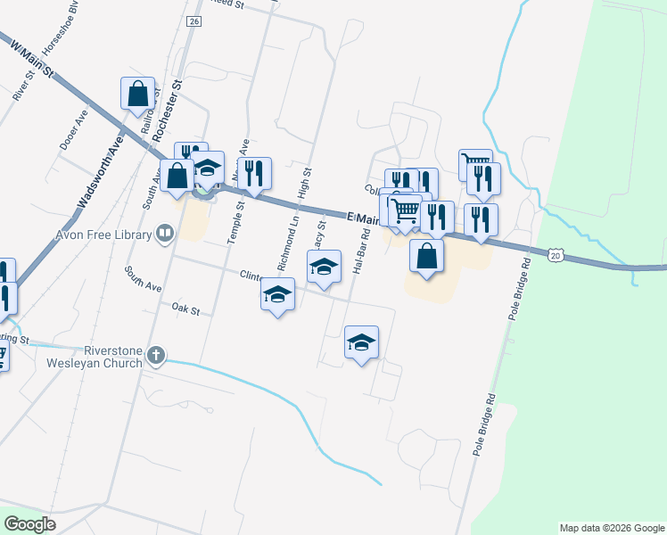 map of restaurants, bars, coffee shops, grocery stores, and more near 180 Clinton Street in Avon