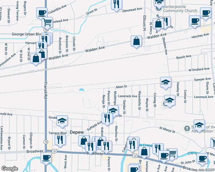 map of restaurants, bars, coffee shops, grocery stores, and more near 50 Main Street in Depew