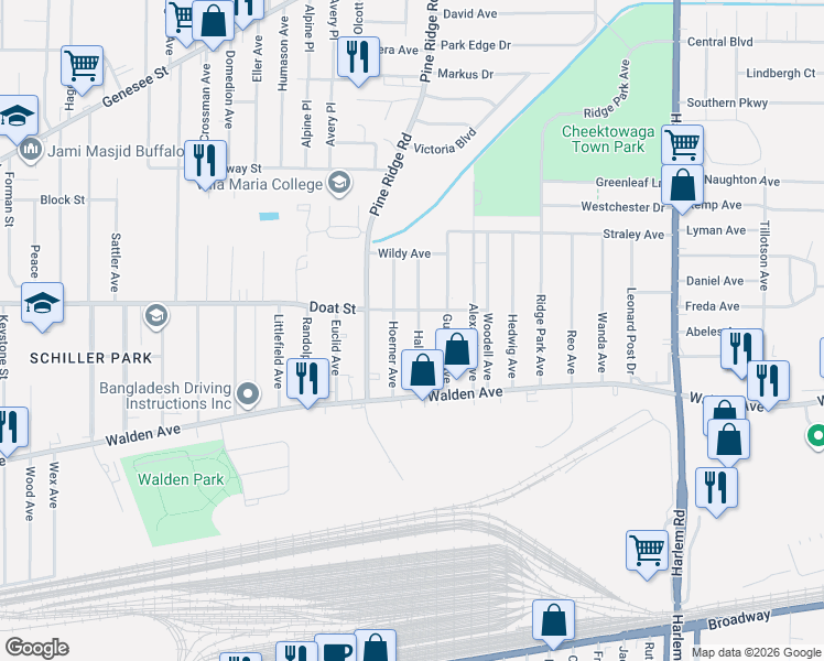 map of restaurants, bars, coffee shops, grocery stores, and more near 61 Hoerner Avenue in Buffalo