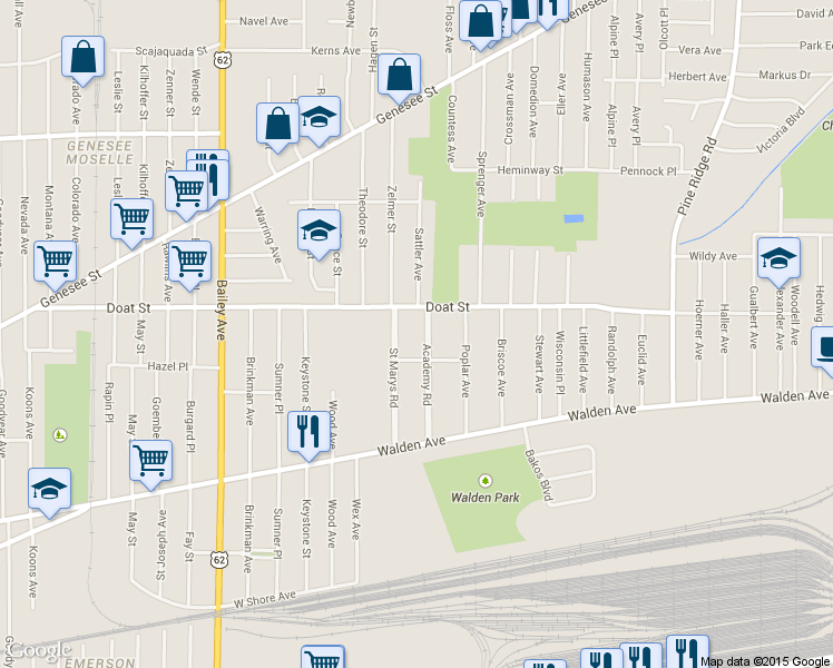 map of restaurants, bars, coffee shops, grocery stores, and more near 111 Academy Road in Buffalo
