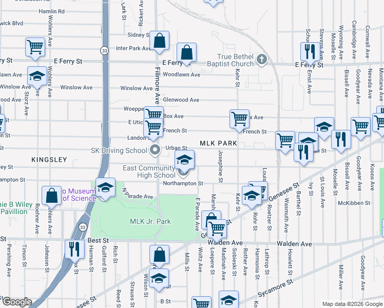 map of restaurants, bars, coffee shops, grocery stores, and more near 95 Urban Street in Buffalo