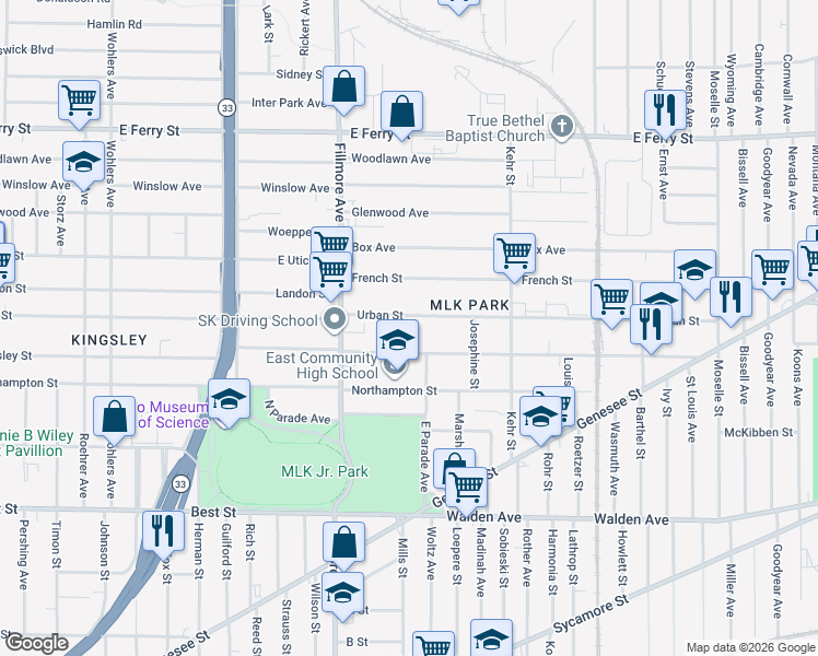 map of restaurants, bars, coffee shops, grocery stores, and more near 51 Urban Street in Buffalo
